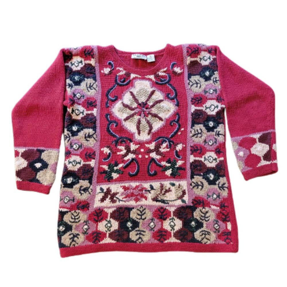 Hand Knit Sweater Vintage Paul Harris Design Size Med Cottage Folk Art Boho